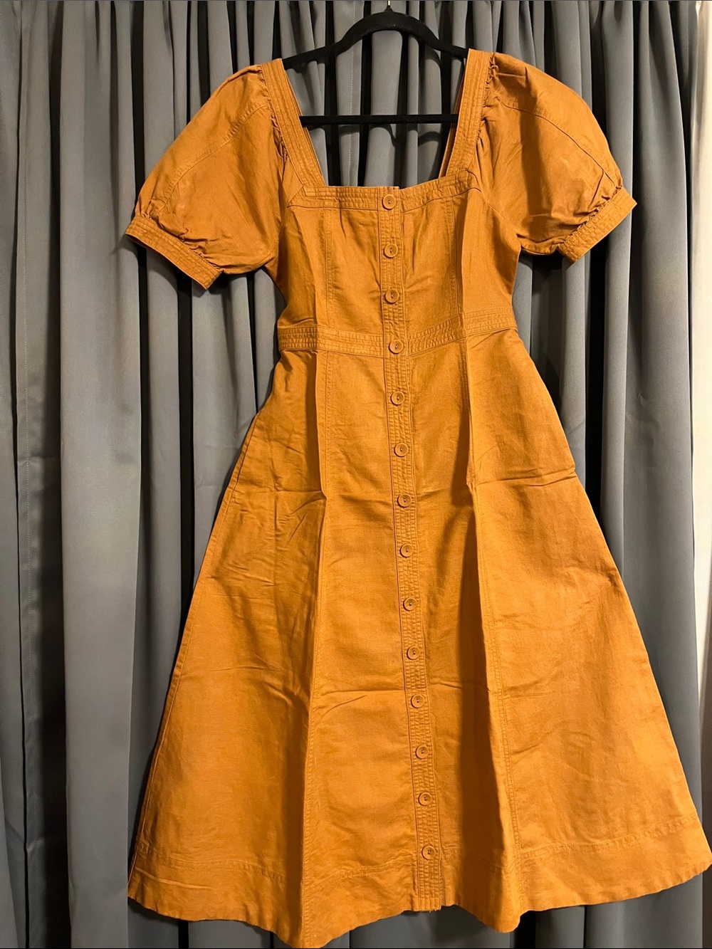 Madewell Mustard Button-Front Puff Sleeve Midi Dress